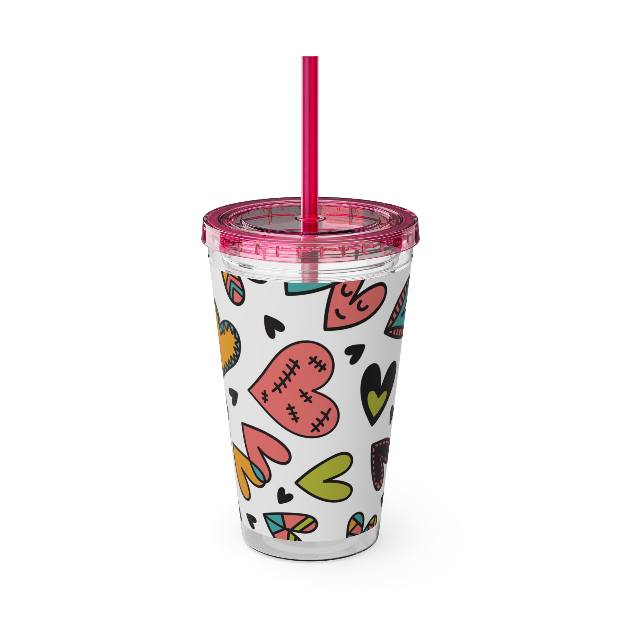 16oz Heart Pattern Tumbler with Straw — Colorful Doodle Hearts Travel Cup