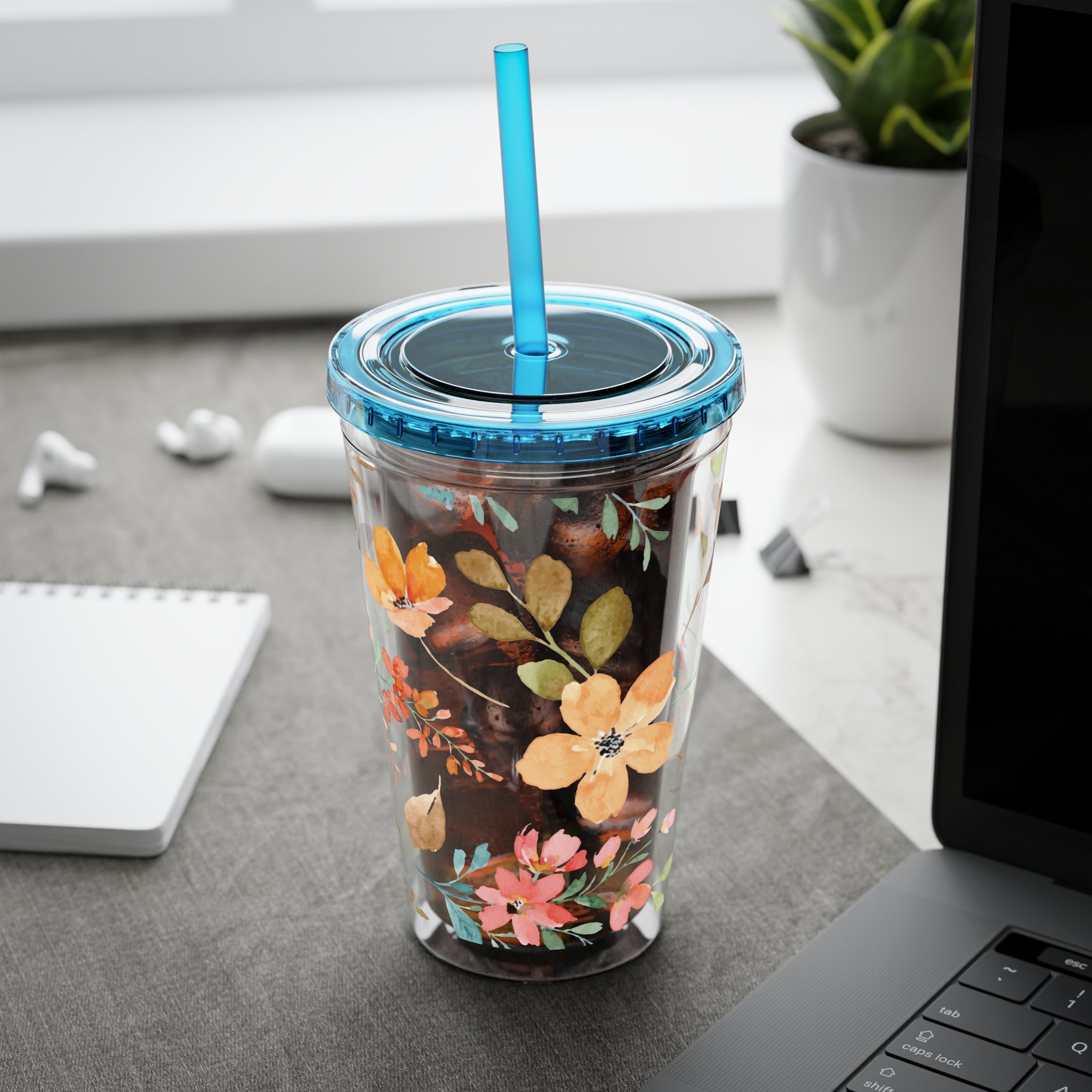 Floral Sunsplash 16oz Tumbler with Straw — Watercolor Wildflower Drink Cup