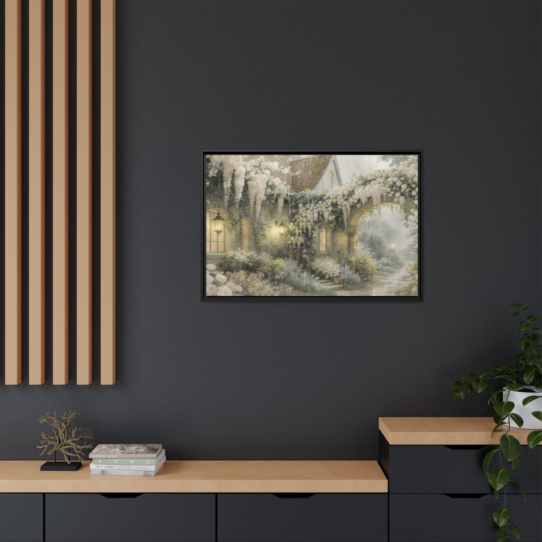 Framed Matte Canvas Print – Cottage Garden Pathway in Soft Floral Hues