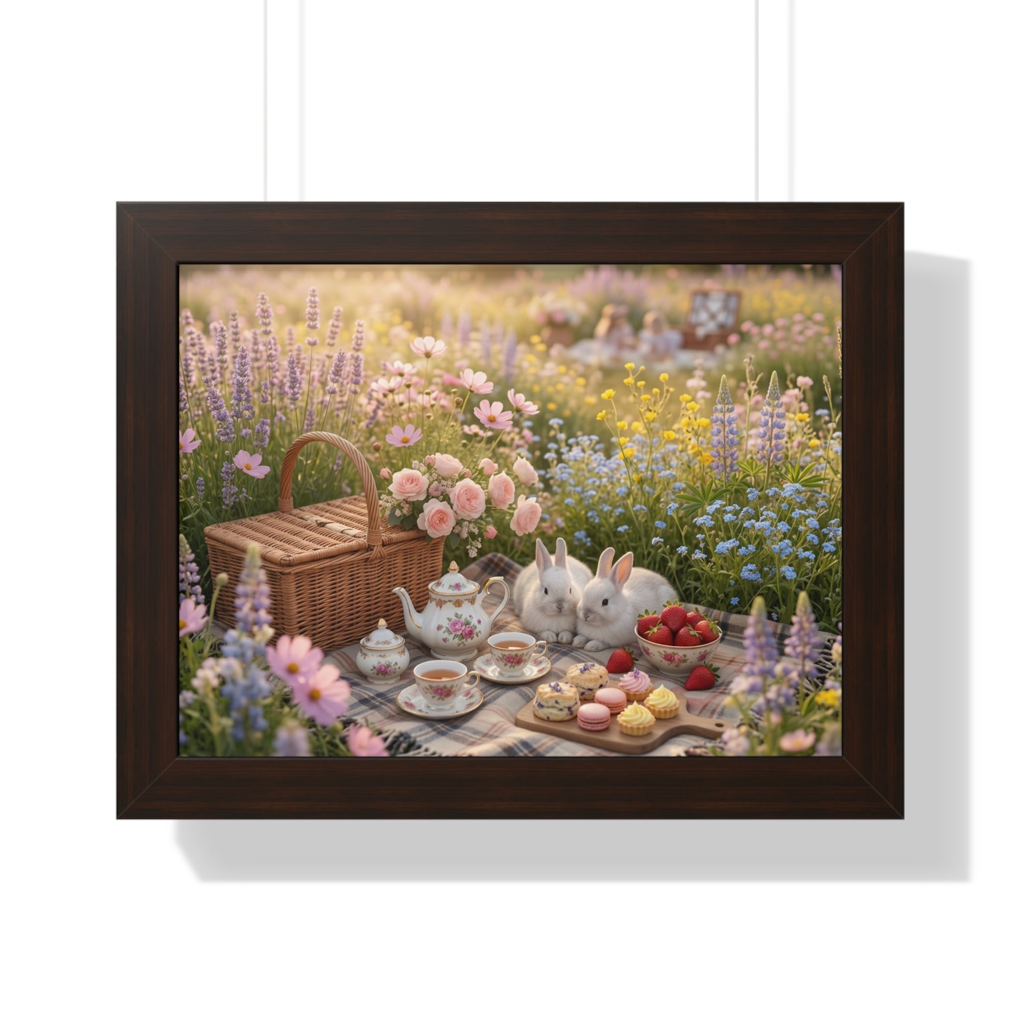 “Golden Meadow Picnic” Framed Poster: Pastel Meadow Picnic Wall Art | Soft Nature Bunny Aesthetic Print | Dreamy Cottagecore Deco
