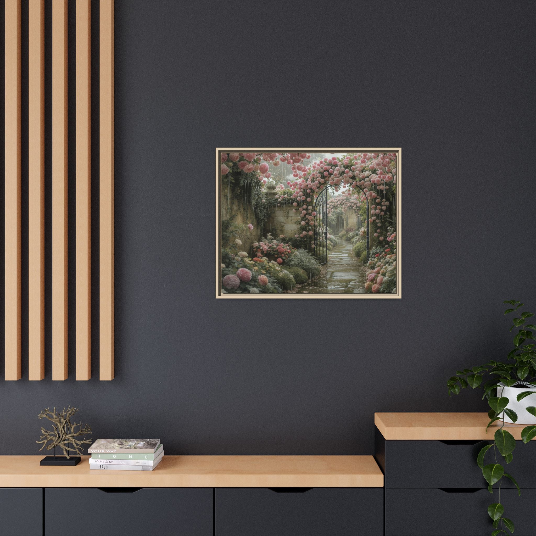 Framed Canvas Print – Secret Garden Archway Floral Landscape