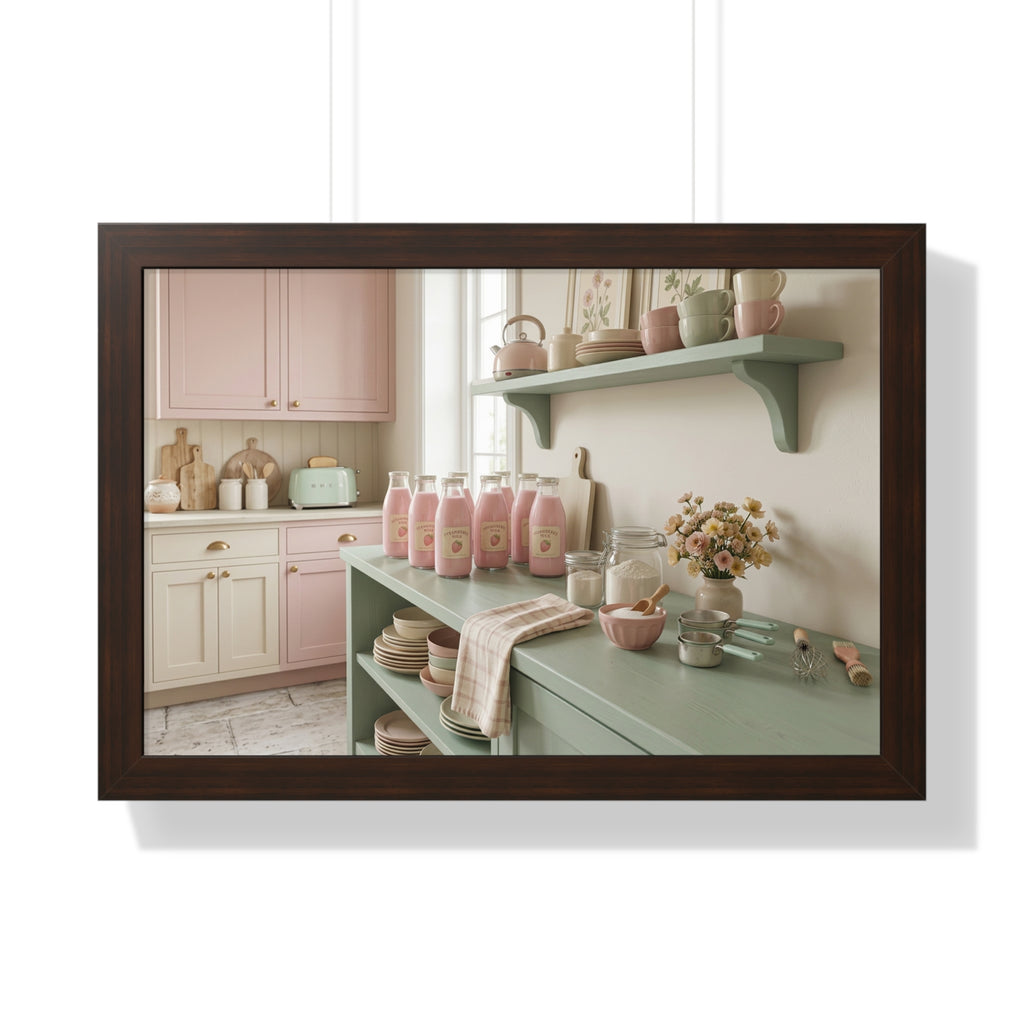 “Strawberry Milk Kitchen Aesthetic” Framed Poster: Pastel Kitchen Wall Art | Strawberry Milk Aesthetic Still Life Print | Soft Retro Home Decor