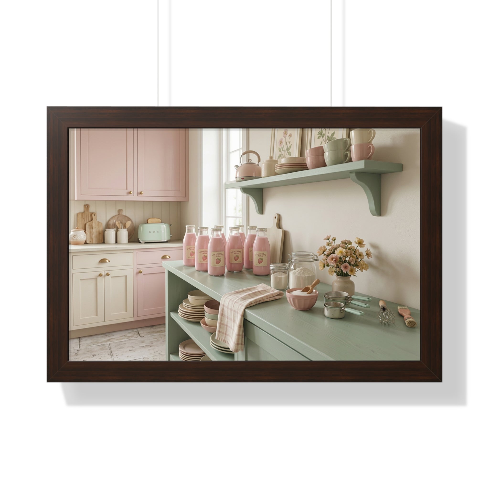 “Strawberry Milk Kitchen Aesthetic” Framed Poster: Pastel Kitchen Wall Art | Strawberry Milk Aesthetic Still Life Print | Soft Retro Home Decor