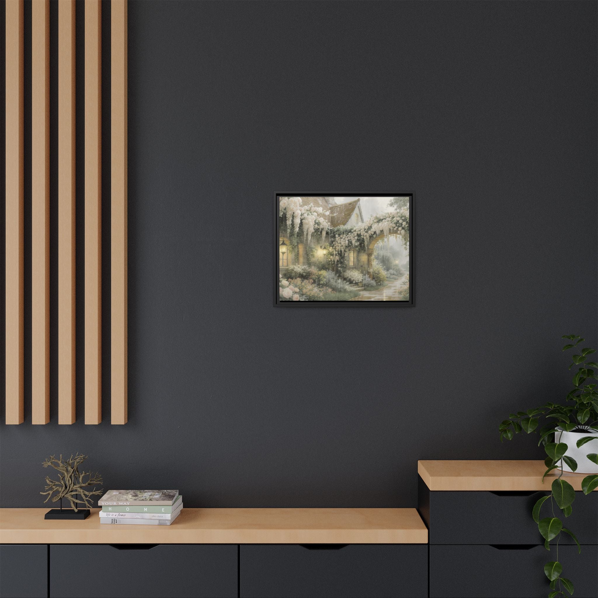 Framed Matte Canvas Print – Cottage Garden Pathway in Soft Floral Hues