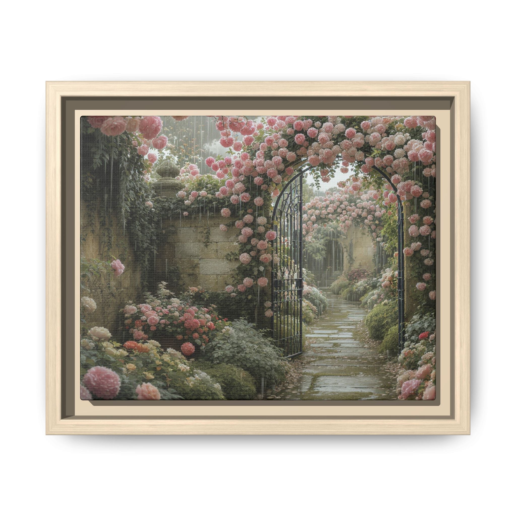Framed Canvas Print – Secret Garden Archway Floral Landscape