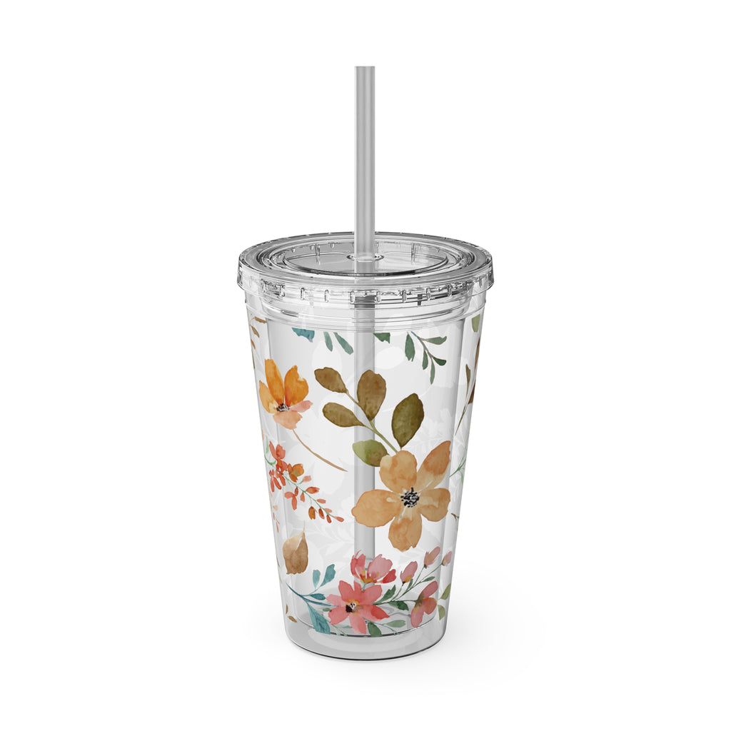 Floral Sunsplash 16oz Tumbler with Straw — Watercolor Wildflower Drink Cup