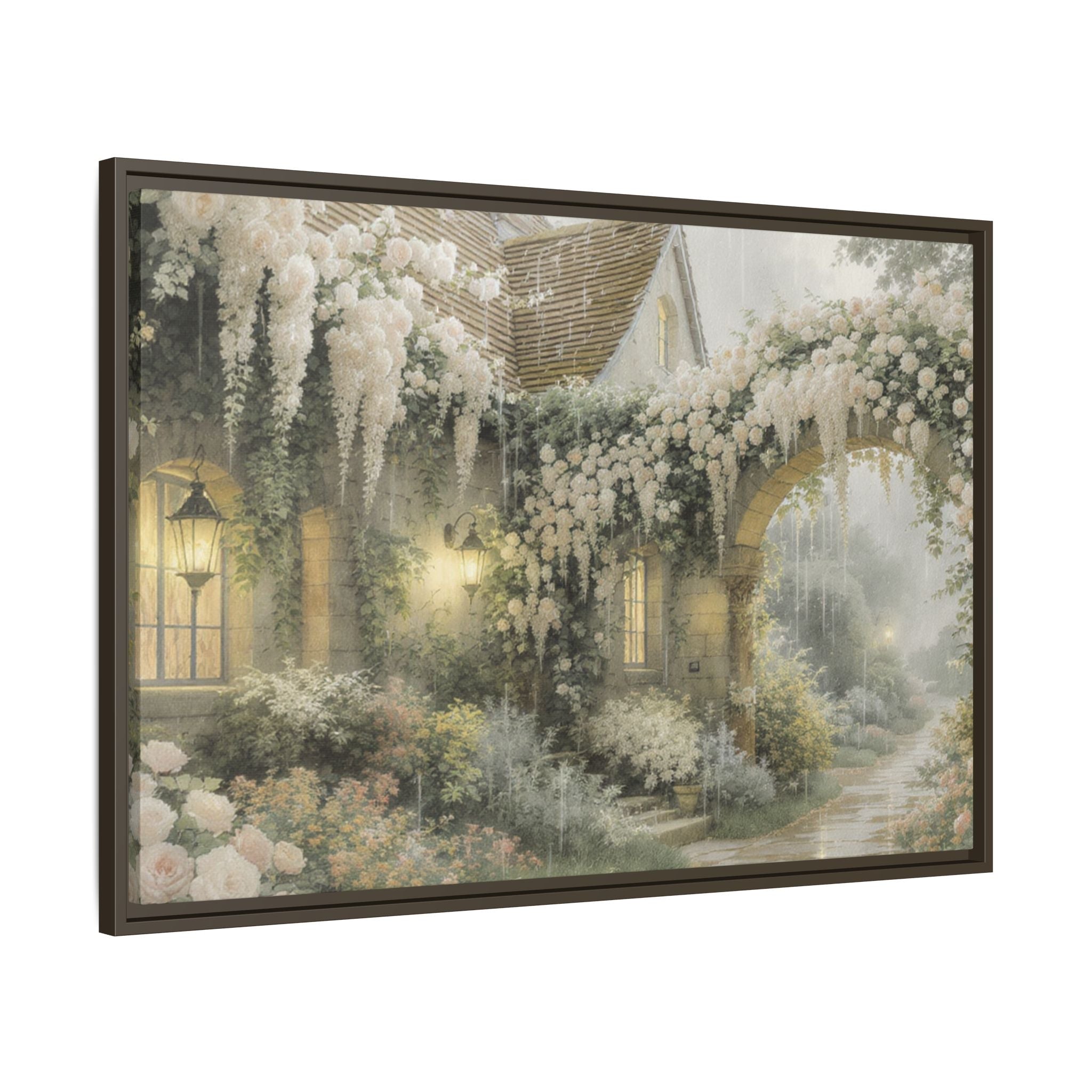Framed Matte Canvas Print – Cottage Garden Pathway in Soft Floral Hues