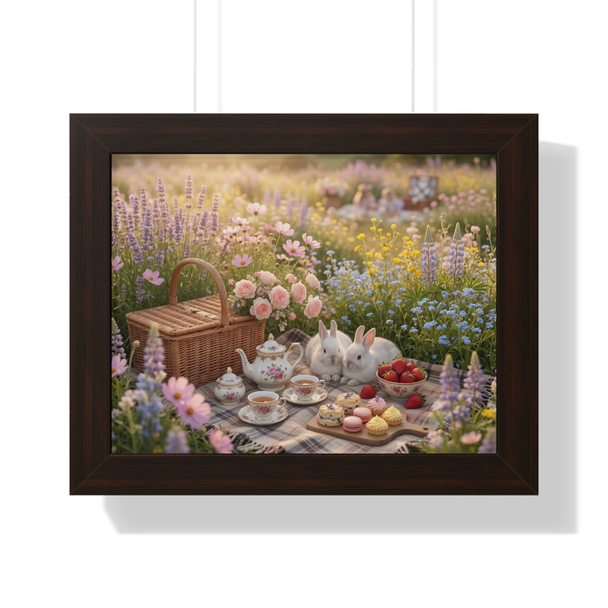 “Golden Meadow Picnic” Framed Poster: Pastel Meadow Picnic Wall Art | Soft Nature Bunny Aesthetic Print | Dreamy Cottagecore Deco
