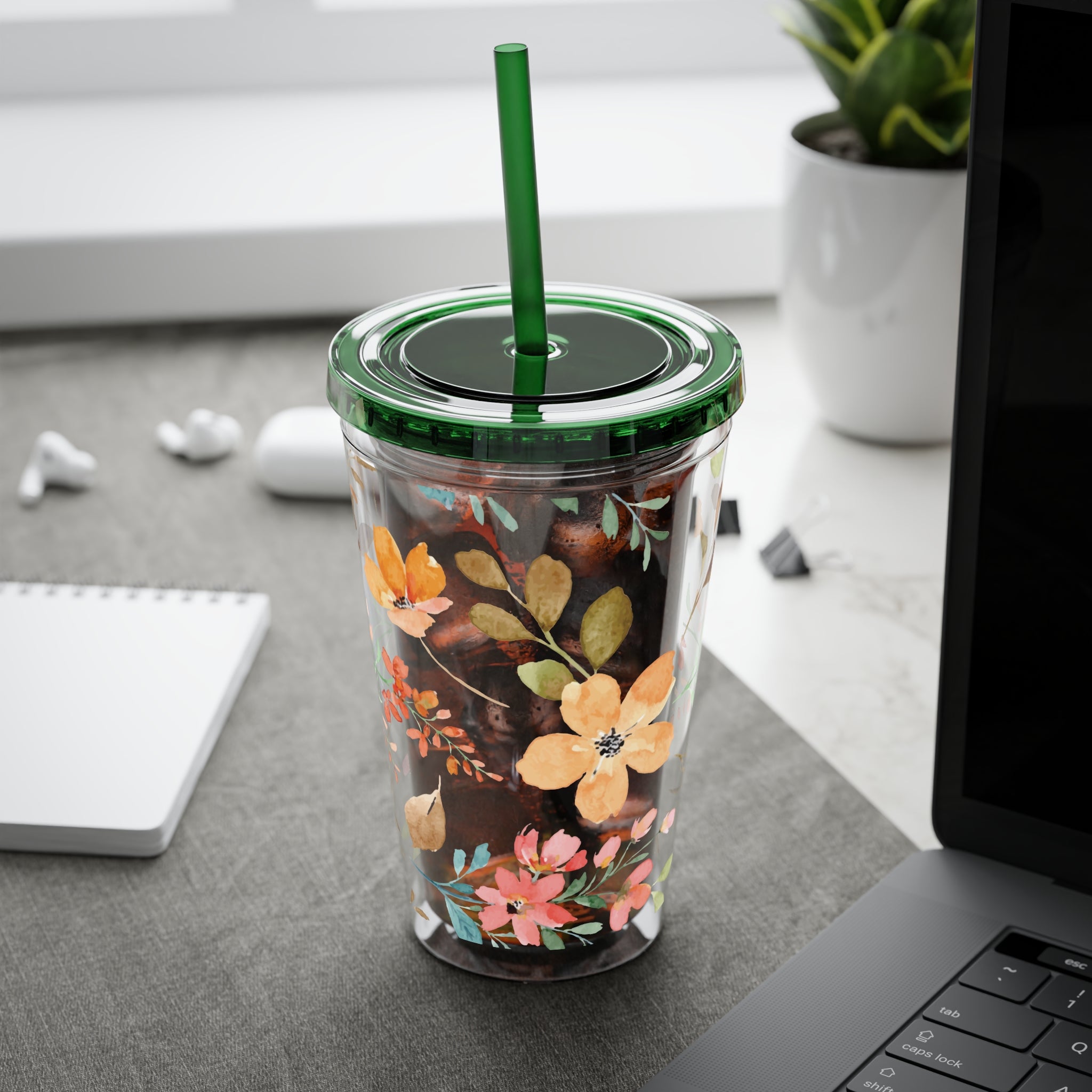 Floral Sunsplash 16oz Tumbler with Straw — Watercolor Wildflower Drink Cup