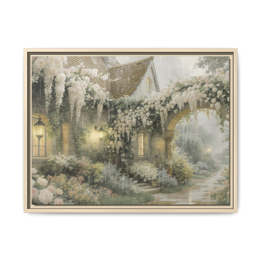 Framed Matte Canvas Print – Cottage Garden Pathway in Soft Floral Hues