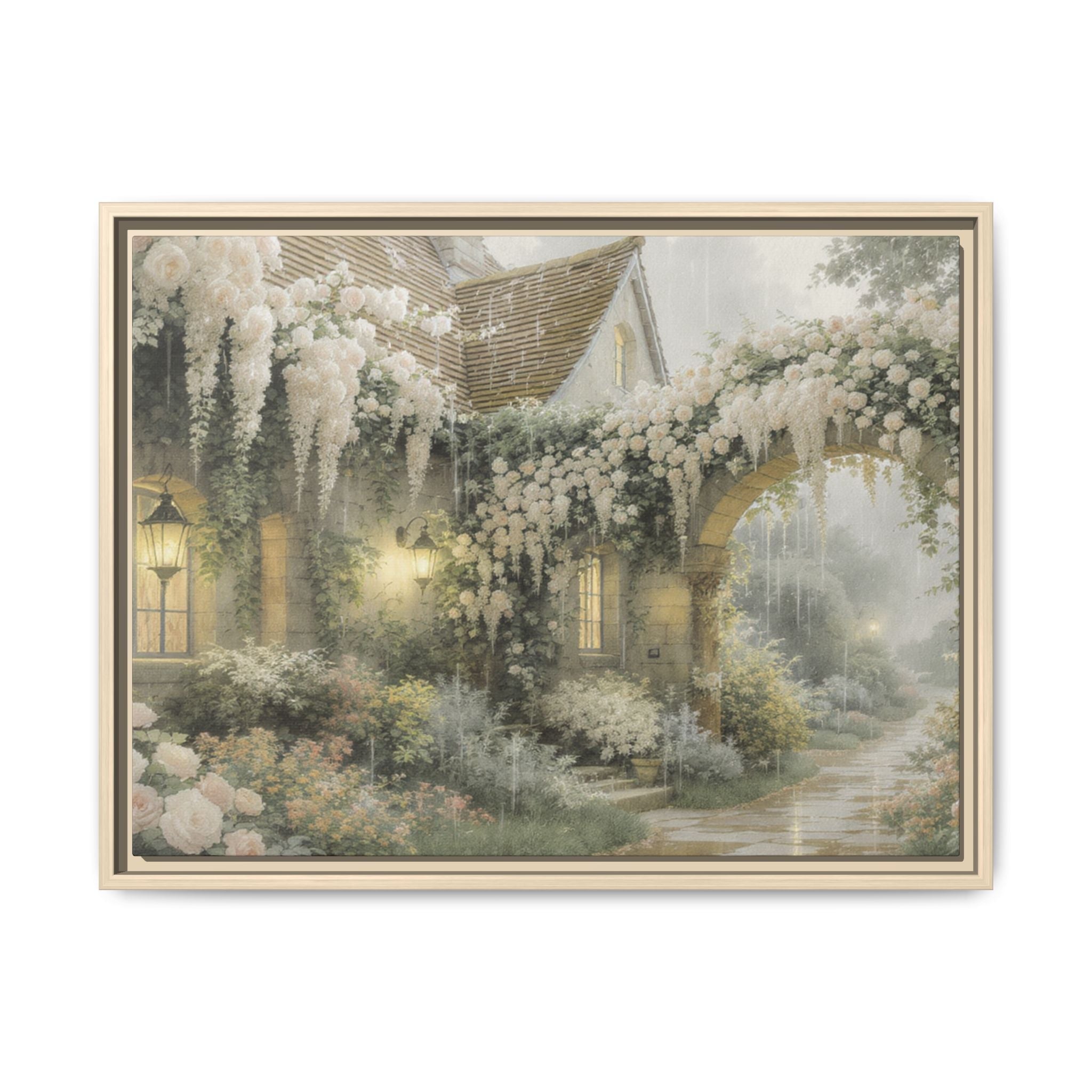 Framed Matte Canvas Print – Cottage Garden Pathway in Soft Floral Hues