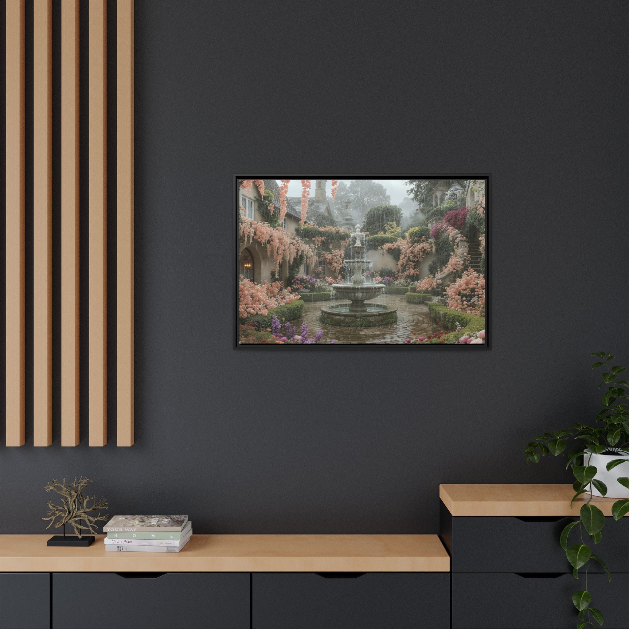 Mediterranean Garden Fountain Canvas — Framed Matte Wall Art