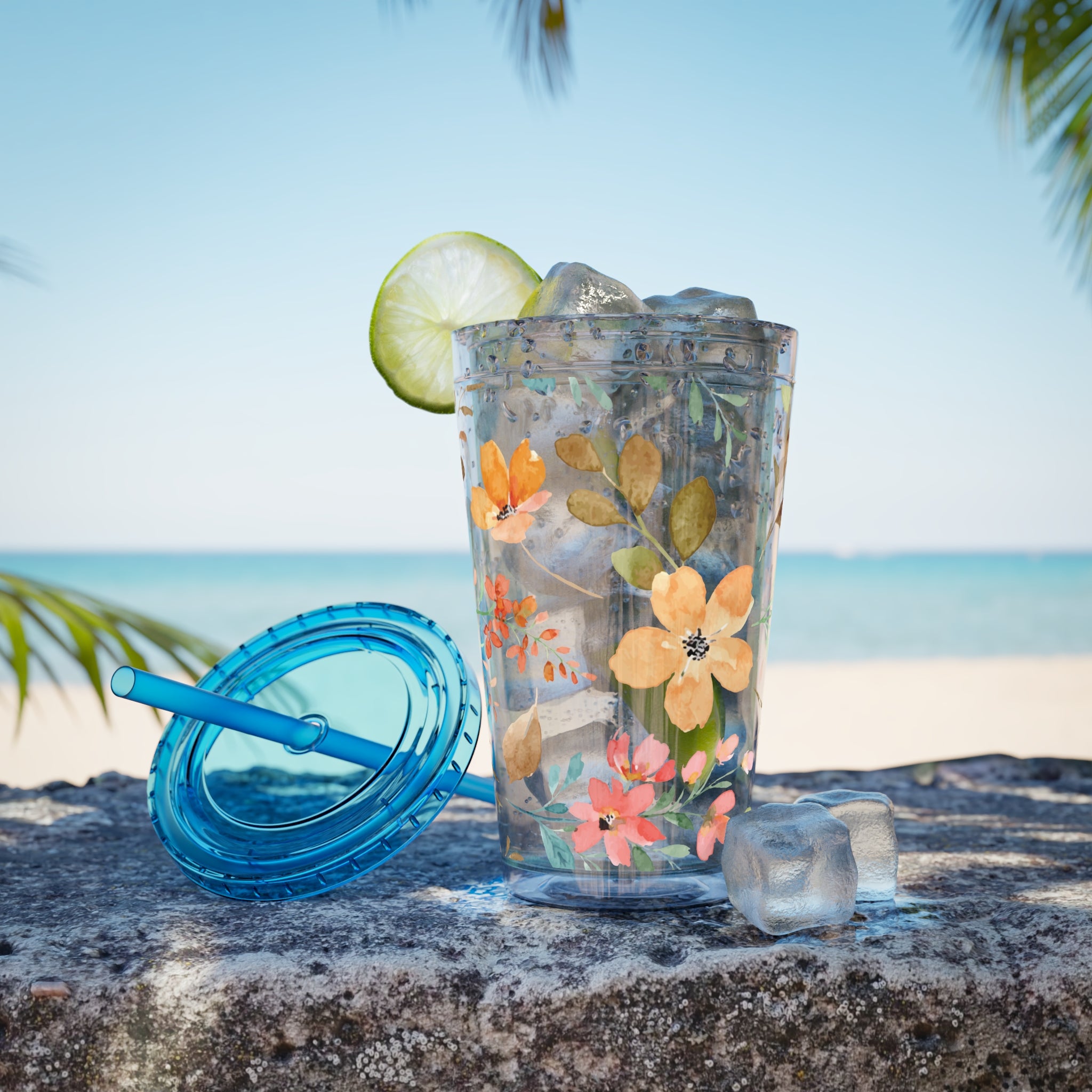 Floral Sunsplash 16oz Tumbler with Straw — Watercolor Wildflower Drink Cup