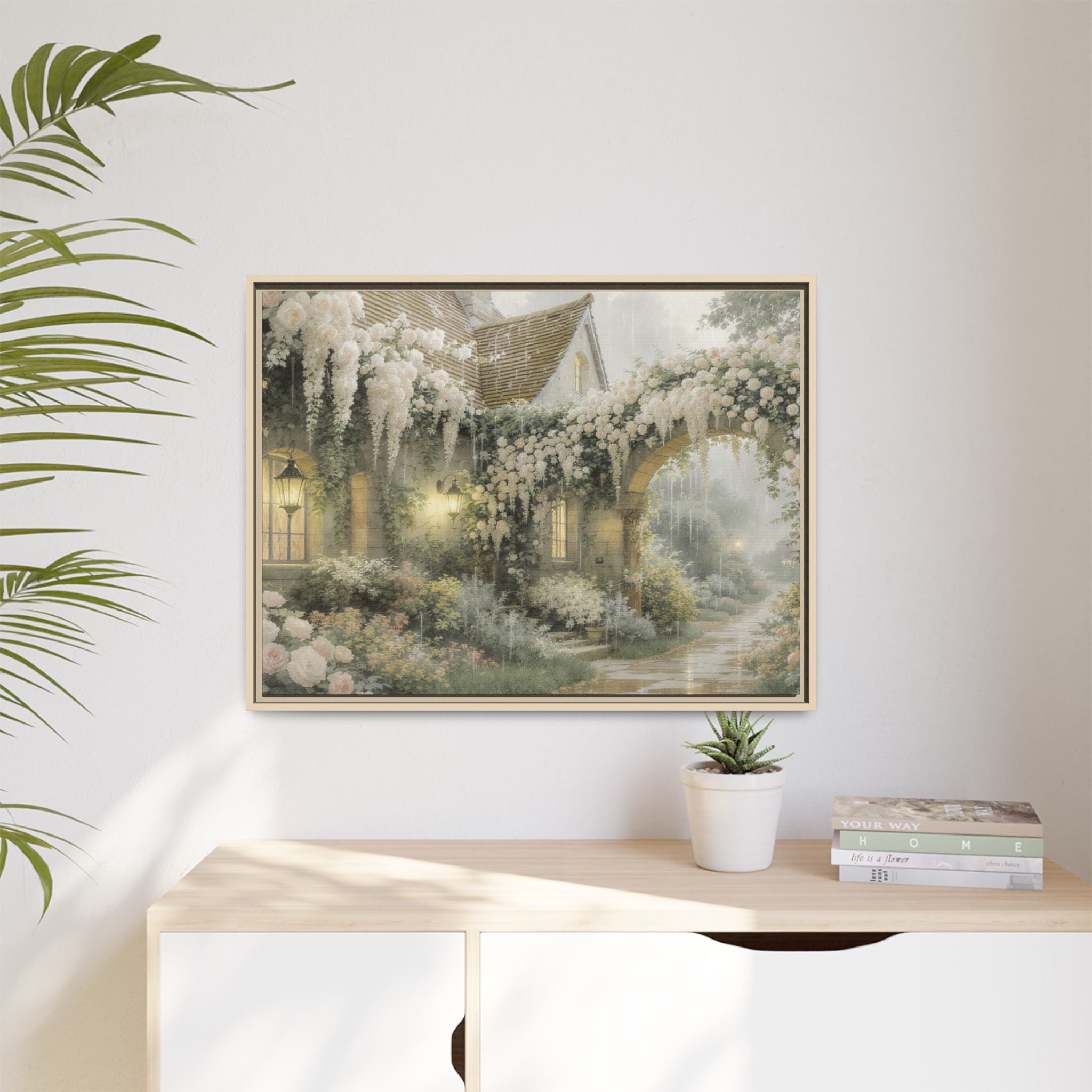 Framed Matte Canvas Print – Cottage Garden Pathway in Soft Floral Hues