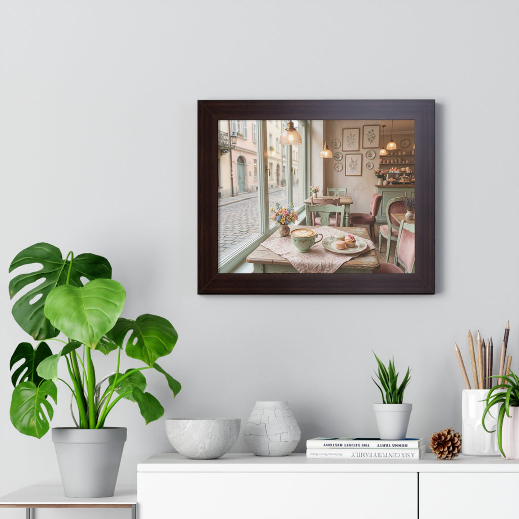 “Afternoon Café Stillness” Framed Poster: Cozy Pastel Café Wall Art | Hygge Coffee Shop Interior Print | Soft Luxury Home Decor