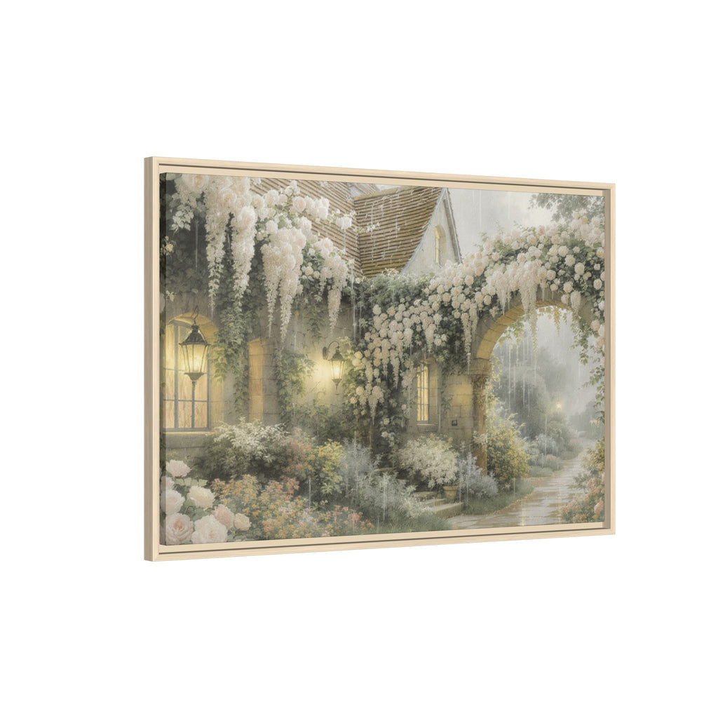 Framed Matte Canvas Print – Cottage Garden Pathway in Soft Floral Hues