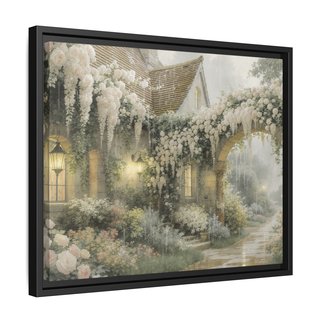 Framed Matte Canvas Print – Cottage Garden Pathway in Soft Floral Hues