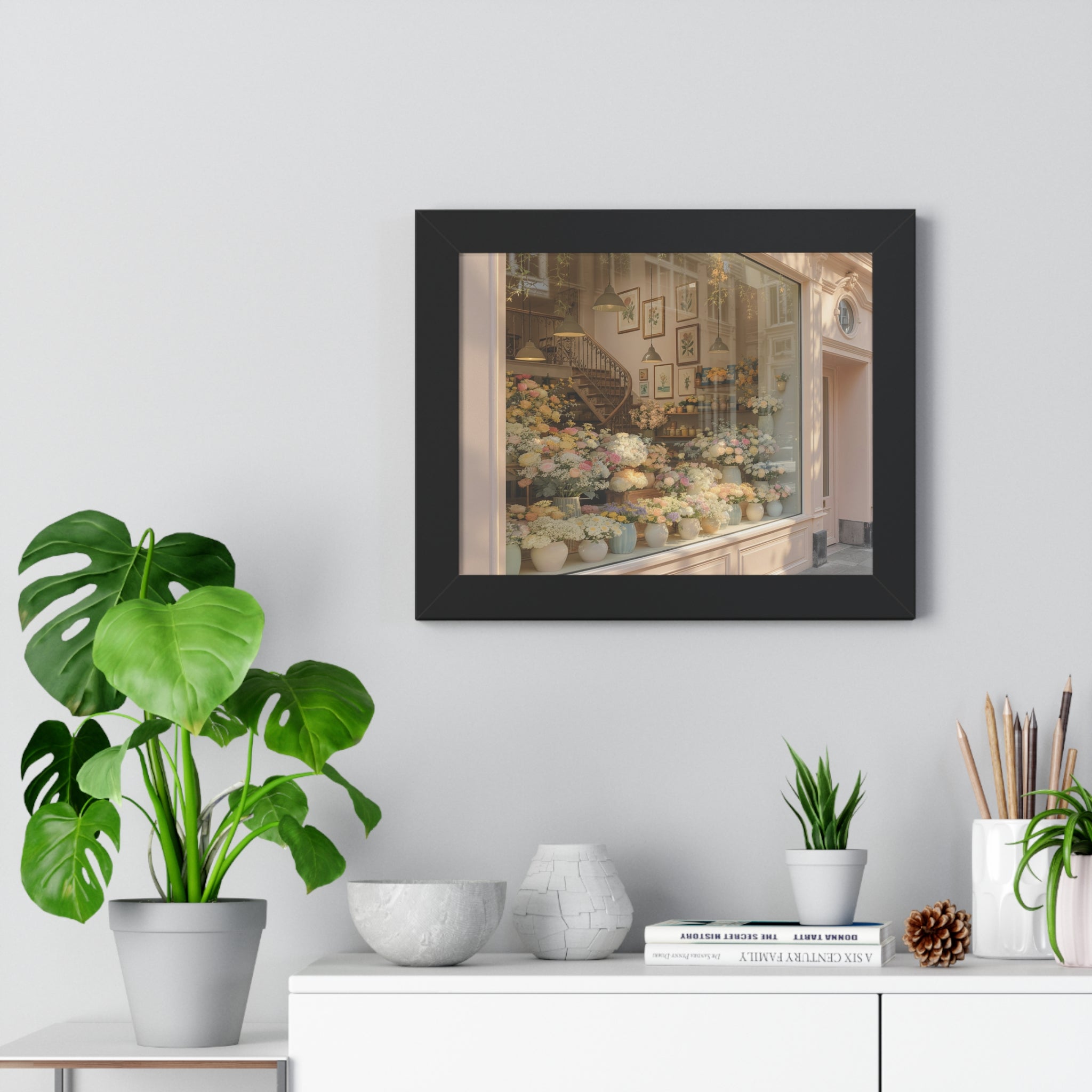 “Golden Hour Flower Boutique” Framed Poster: Pastel Flower Shop Wall Art | Soft Boutique Street Photography Print | Cozy European Aesthetic Decor