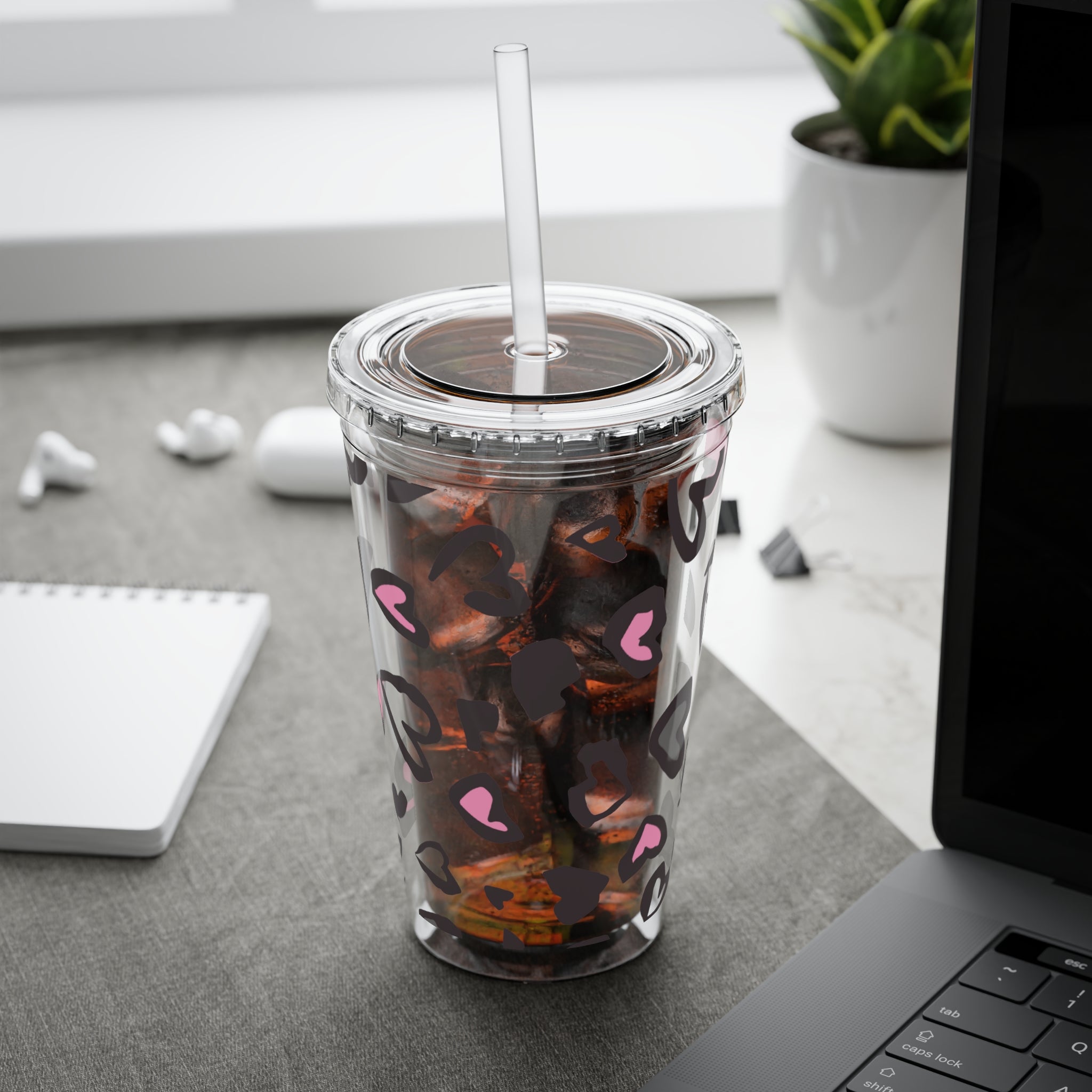 Heart Leopard 16oz Tumbler with Straw — Pink & Black Animal Print Cold Cup
