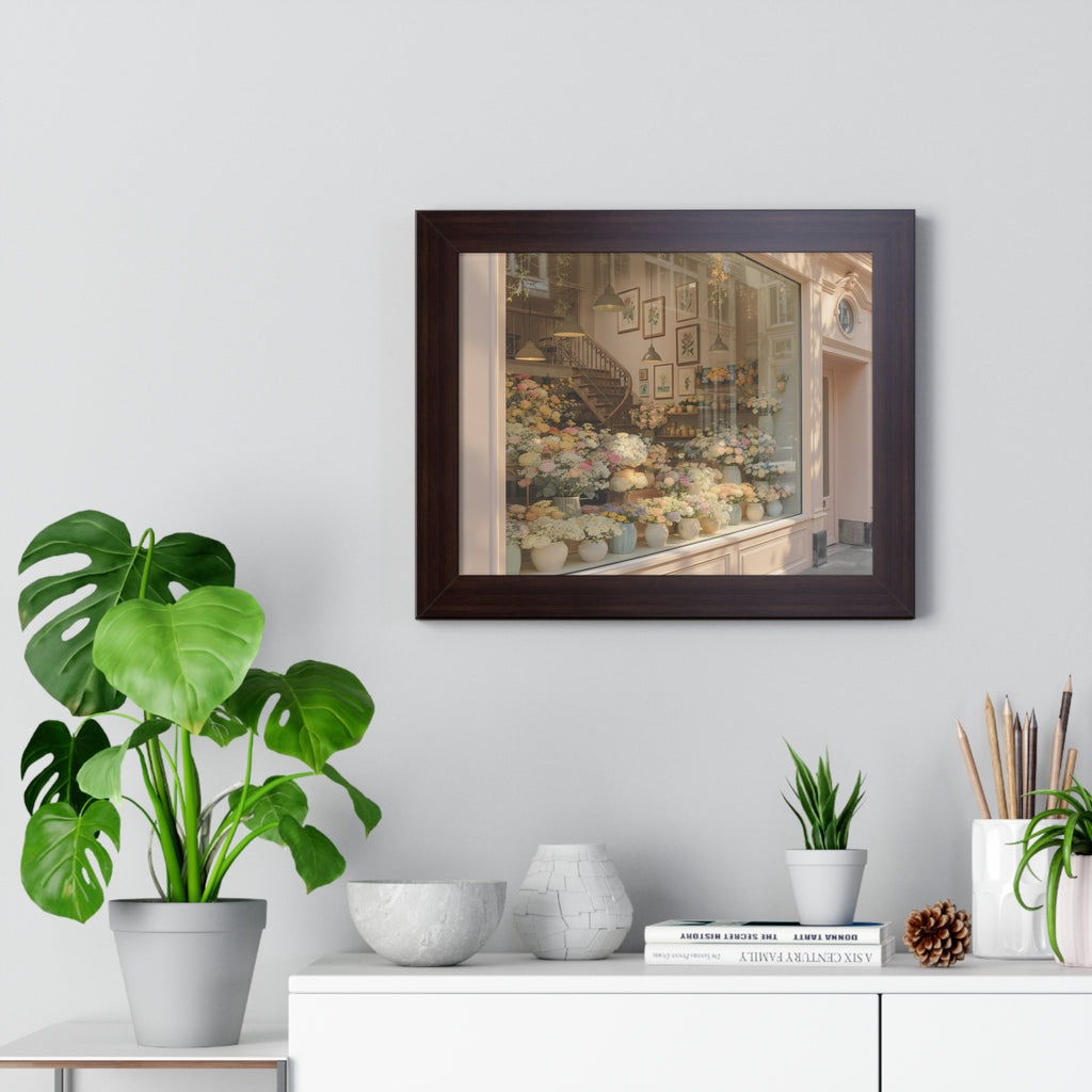 “Golden Hour Flower Boutique” Framed Poster: Pastel Flower Shop Wall Art | Soft Boutique Street Photography Print | Cozy European Aesthetic Decor