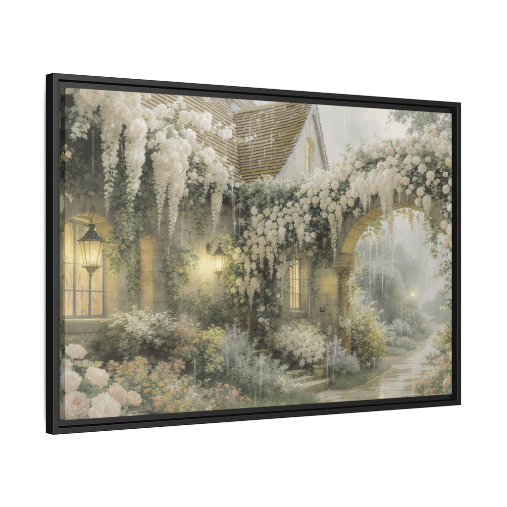 Framed Matte Canvas Print – Cottage Garden Pathway in Soft Floral Hues