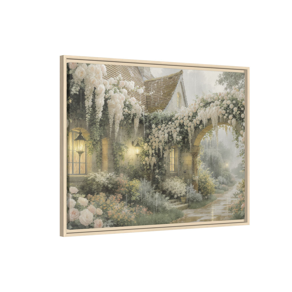 Framed Matte Canvas Print – Cottage Garden Pathway in Soft Floral Hues