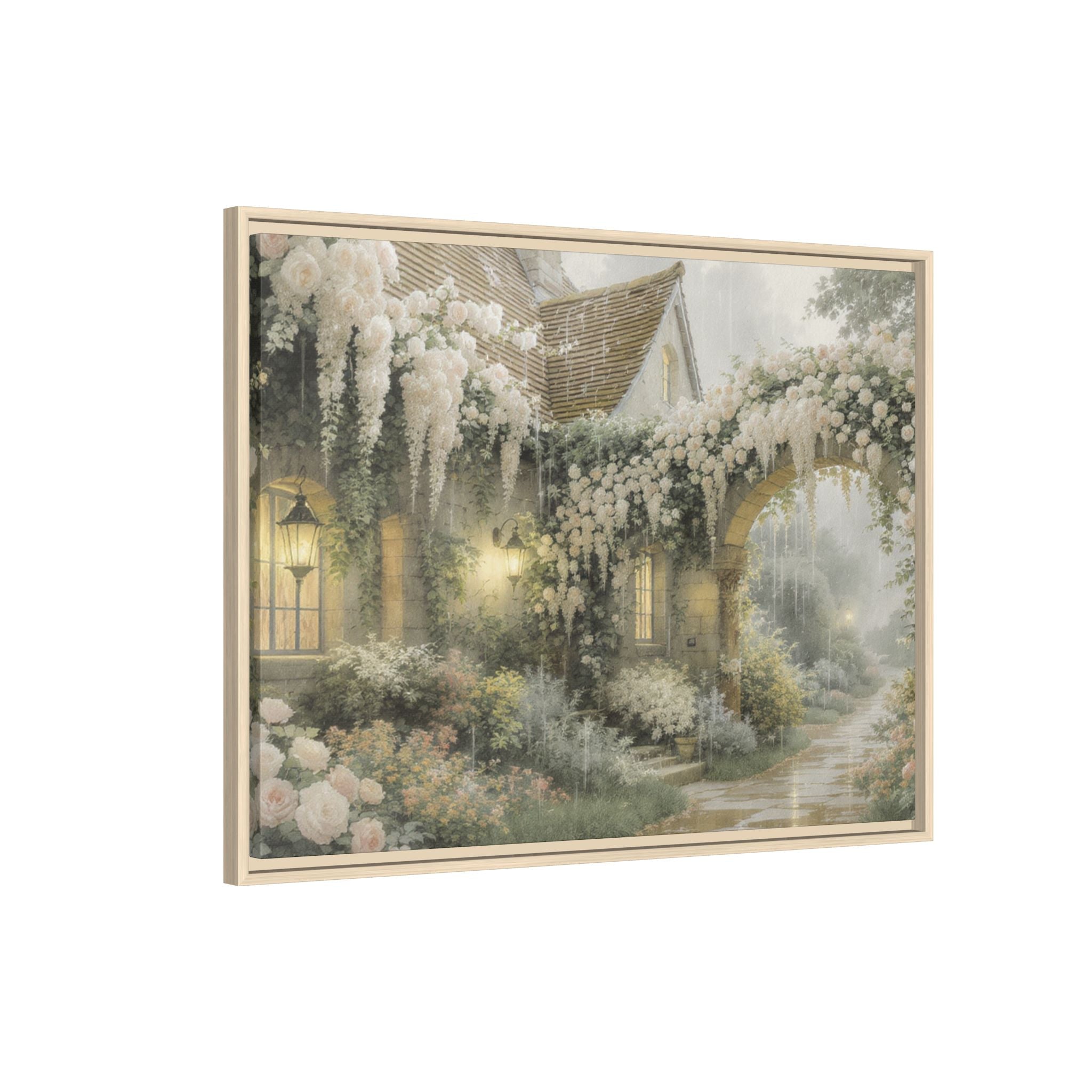 Framed Matte Canvas Print – Cottage Garden Pathway in Soft Floral Hues