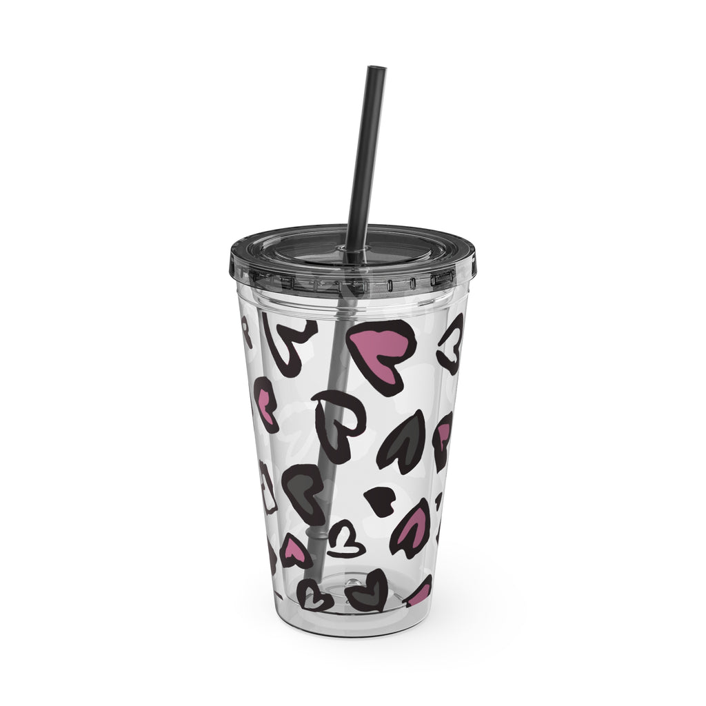 Heart Leopard 16oz Tumbler with Straw — Pink & Black Animal Print Cold Cup