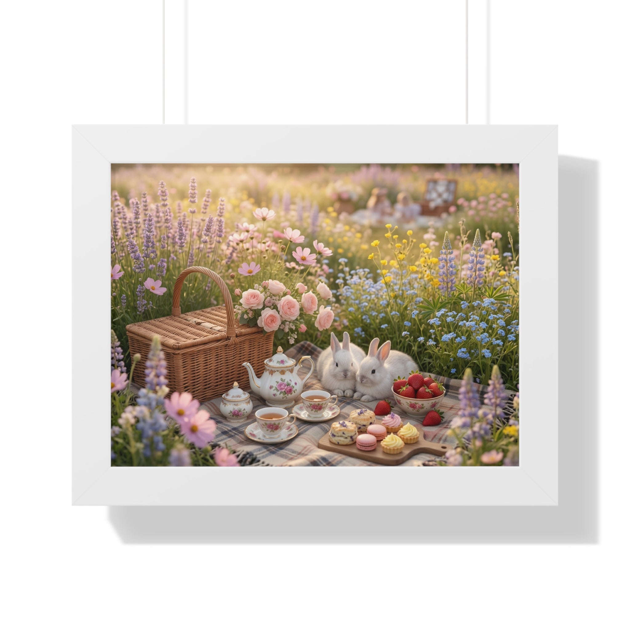“Golden Meadow Picnic” Framed Poster: Pastel Meadow Picnic Wall Art | Soft Nature Bunny Aesthetic Print | Dreamy Cottagecore Deco