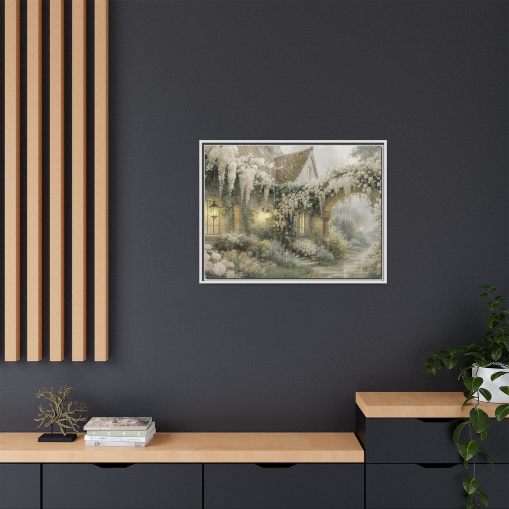 Framed Matte Canvas Print – Cottage Garden Pathway in Soft Floral Hues