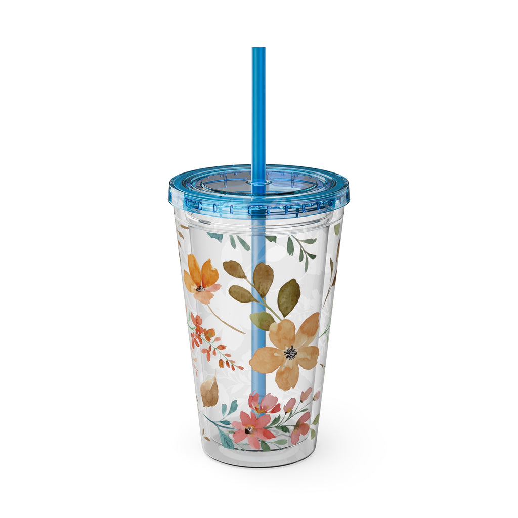 Floral Sunsplash 16oz Tumbler with Straw — Watercolor Wildflower Drink Cup