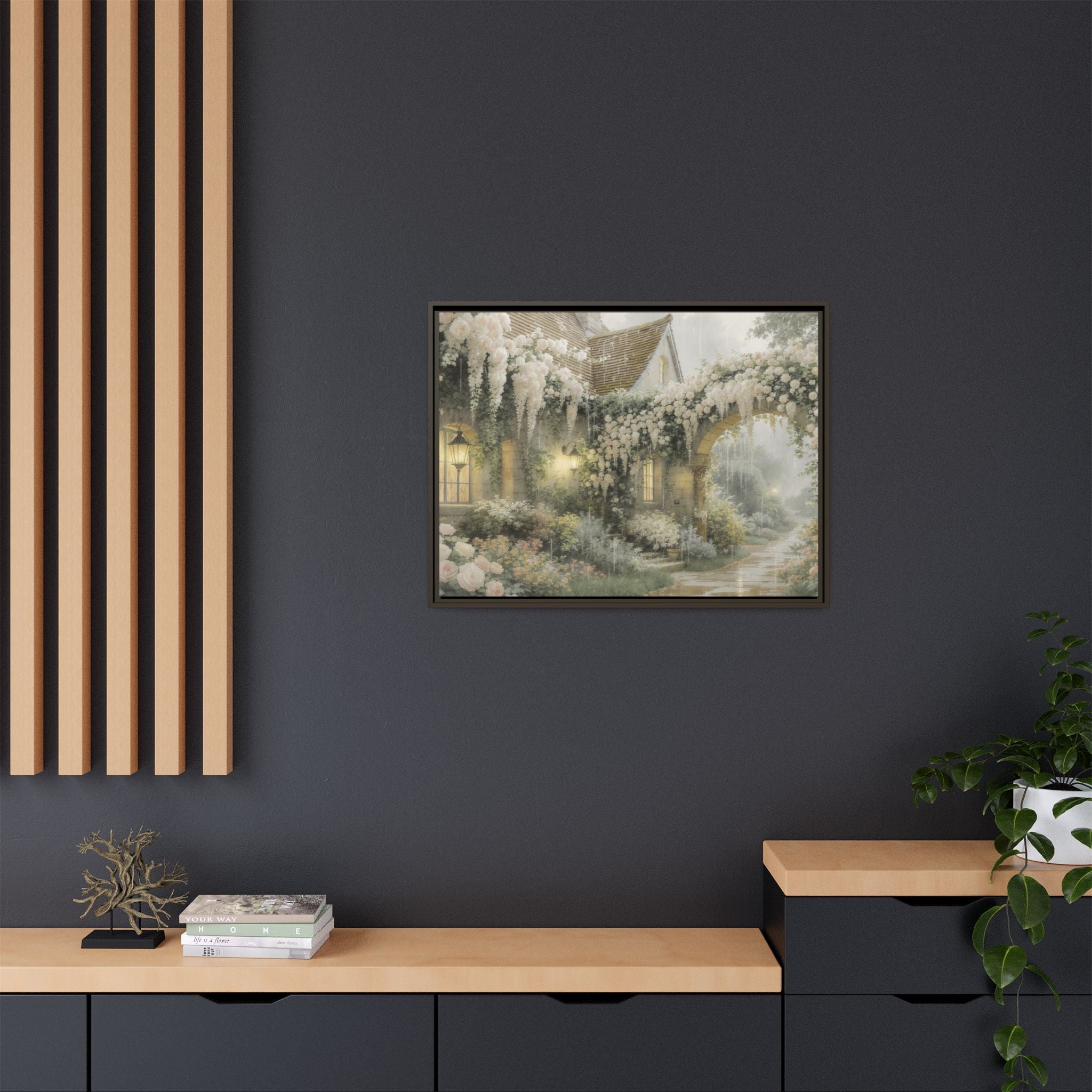 Framed Matte Canvas Print – Cottage Garden Pathway in Soft Floral Hues
