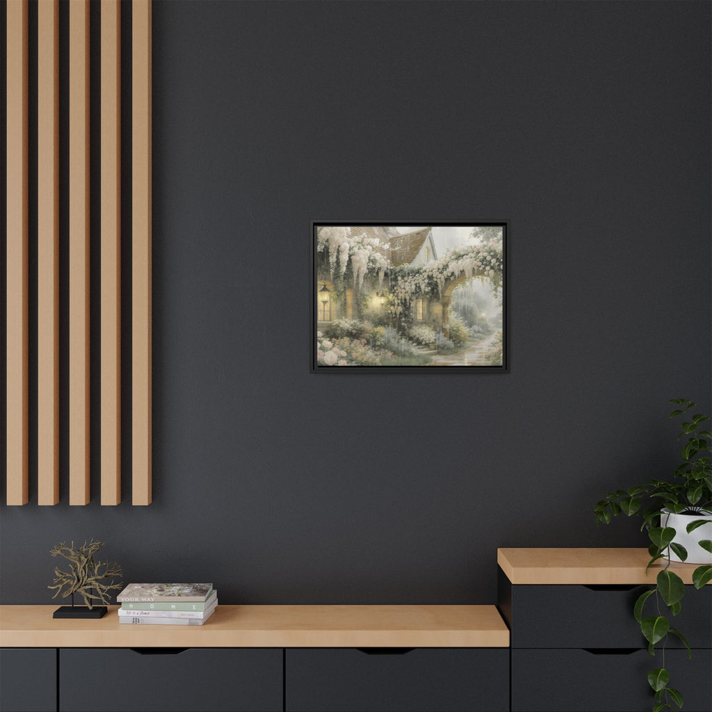 Framed Matte Canvas Print – Cottage Garden Pathway in Soft Floral Hues