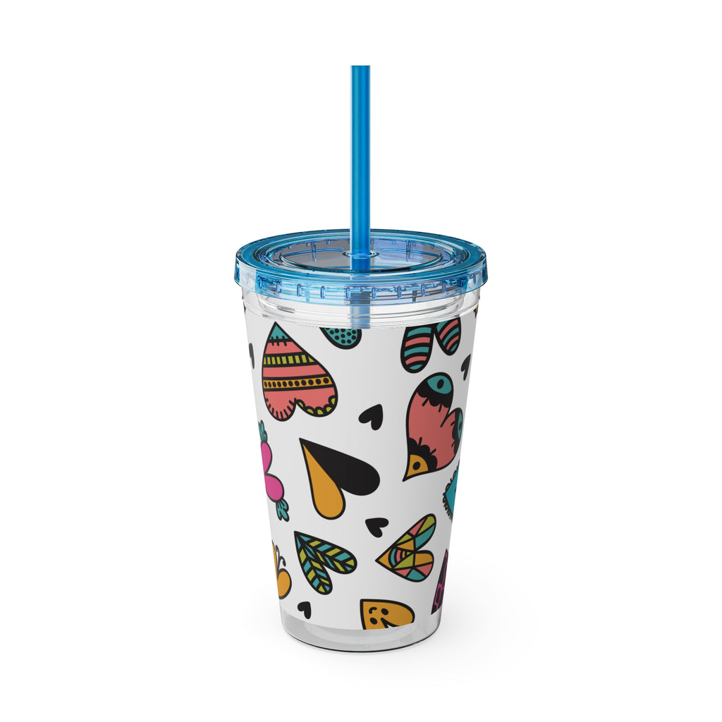 16oz Heart Pattern Tumbler with Straw — Colorful Doodle Hearts Travel Cup