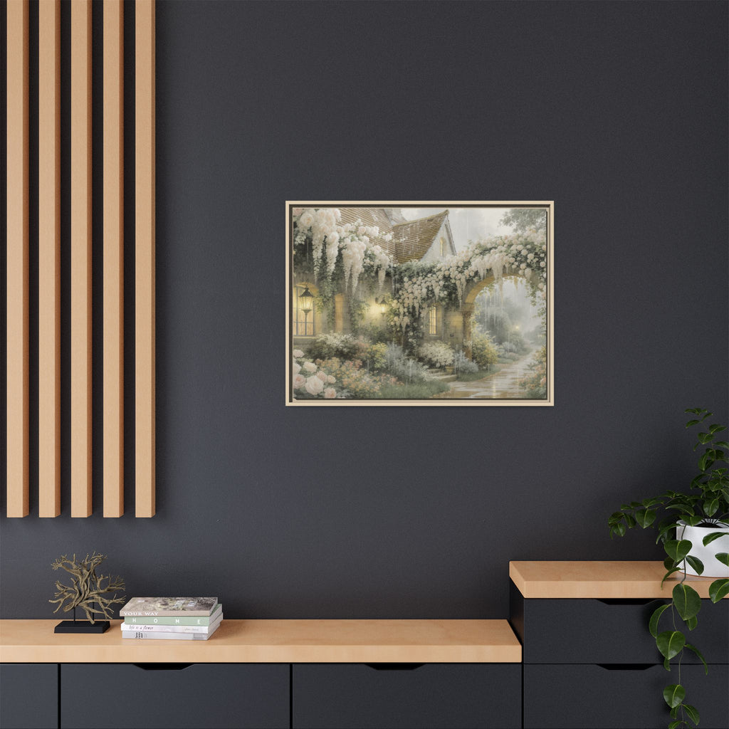 Framed Matte Canvas Print – Cottage Garden Pathway in Soft Floral Hues