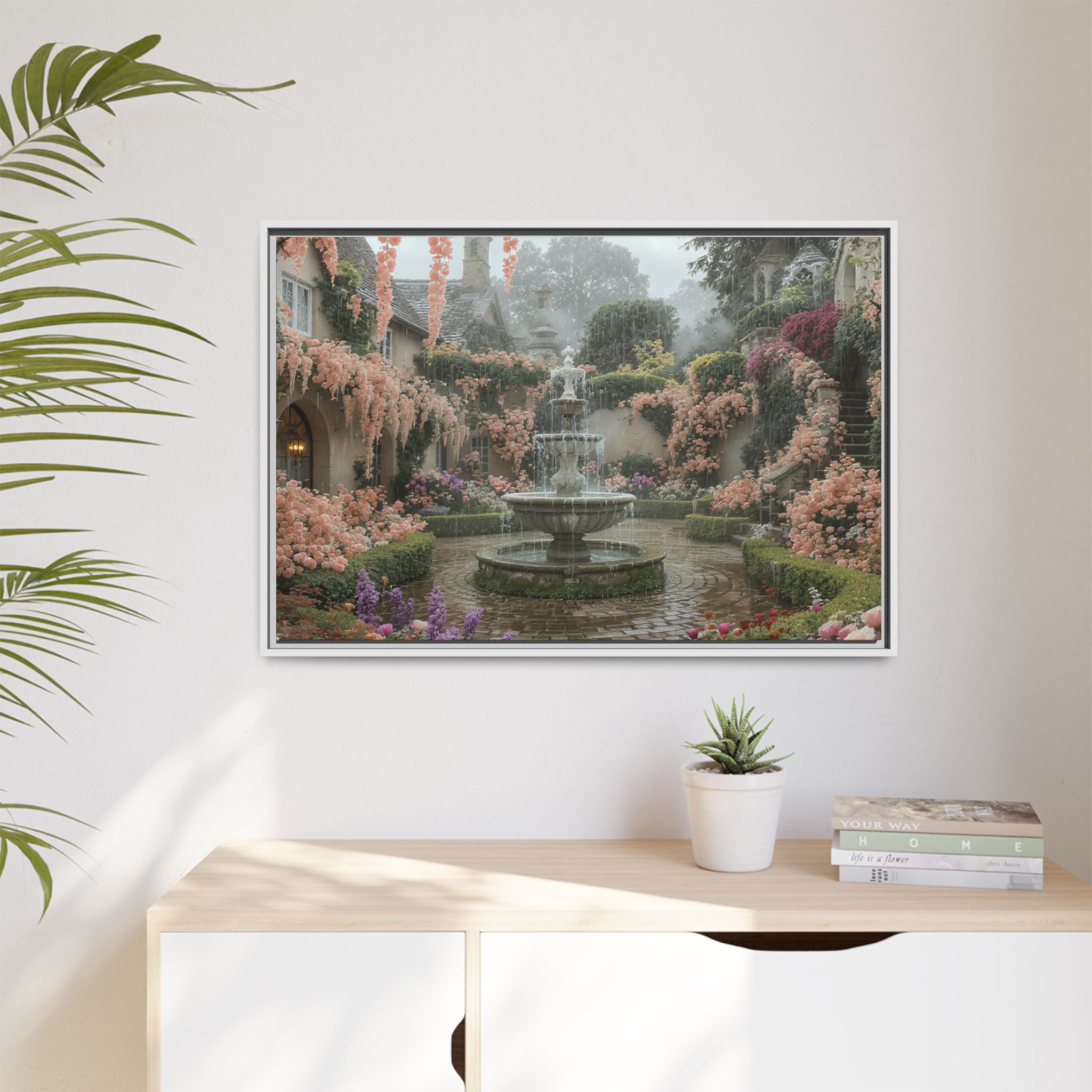Mediterranean Garden Fountain Canvas — Framed Matte Wall Art
