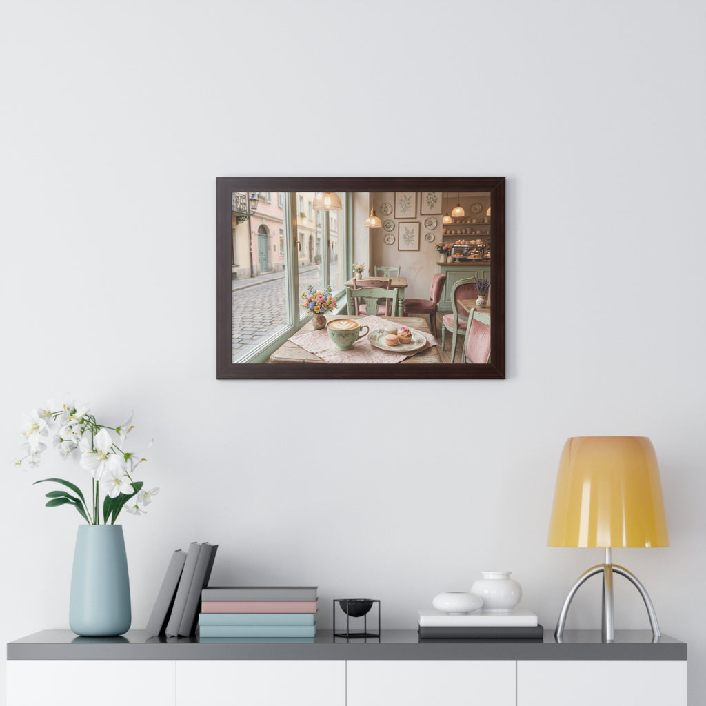 “Afternoon Café Stillness” Framed Poster: Cozy Pastel Café Wall Art | Hygge Coffee Shop Interior Print | Soft Luxury Home Decor