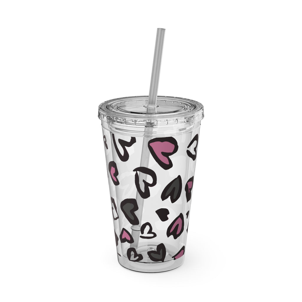 Heart Leopard 16oz Tumbler with Straw — Pink & Black Animal Print Cold Cup