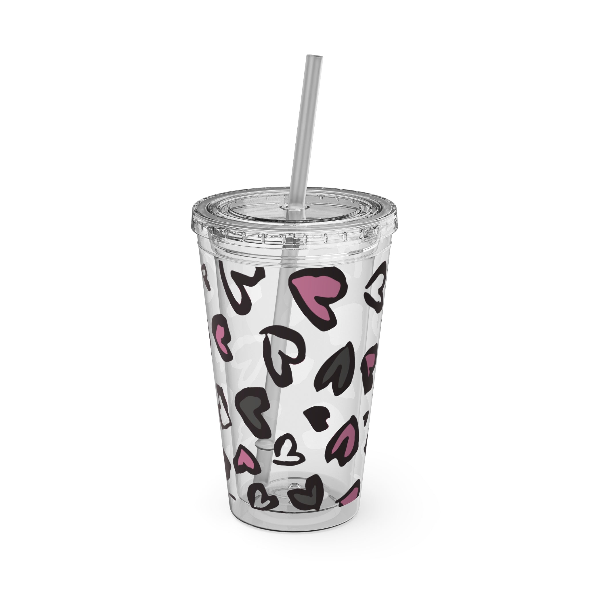 Heart Leopard 16oz Tumbler with Straw — Pink & Black Animal Print Cold Cup