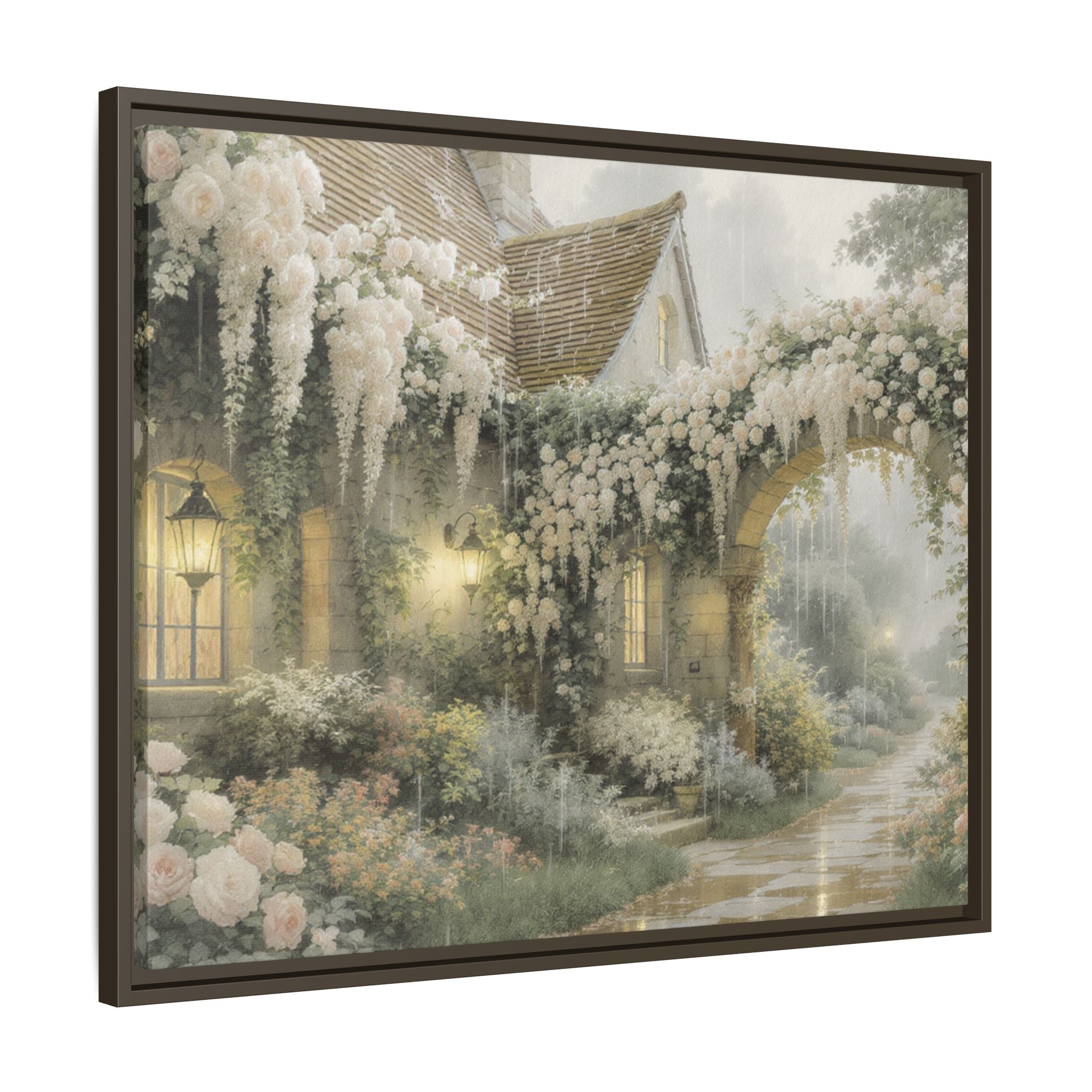 Framed Matte Canvas Print – Cottage Garden Pathway in Soft Floral Hues