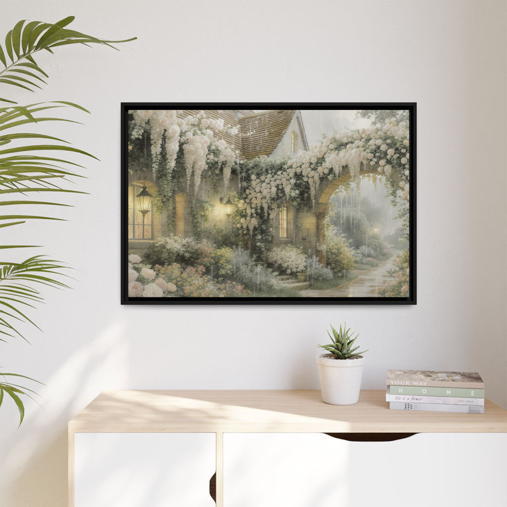 Framed Matte Canvas Print – Cottage Garden Pathway in Soft Floral Hues
