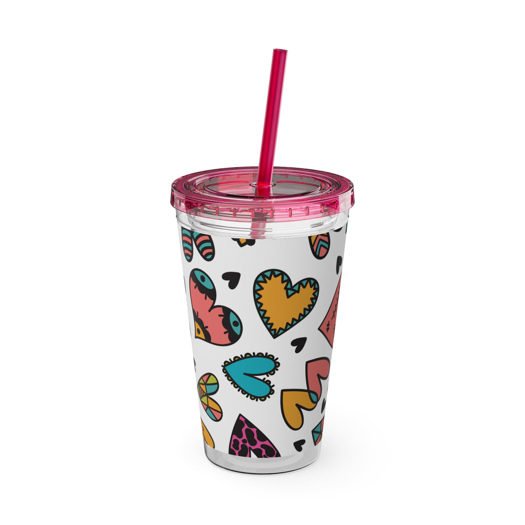 16oz Heart Pattern Tumbler with Straw — Colorful Doodle Hearts Travel Cup