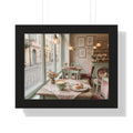 “Afternoon Café Stillness” Framed Poster: Cozy Pastel Café Wall Art | Hygge Coffee Shop Interior Print | Soft Luxury Home Decor