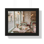 “Afternoon Café Stillness” Framed Poster: Cozy Pastel Café Wall Art | Hygge Coffee Shop Interior Print | Soft Luxury Home Decor