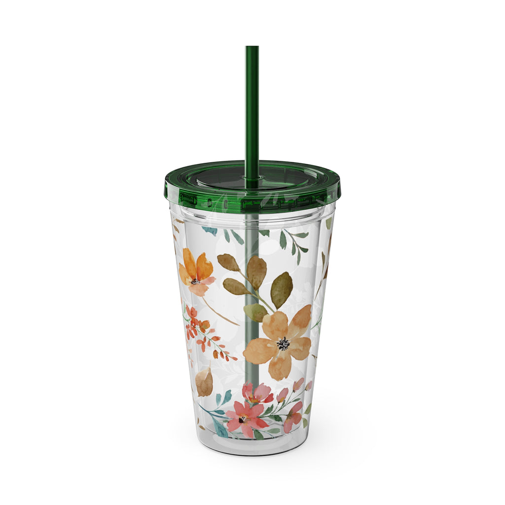 Floral Sunsplash 16oz Tumbler with Straw — Watercolor Wildflower Drink Cup