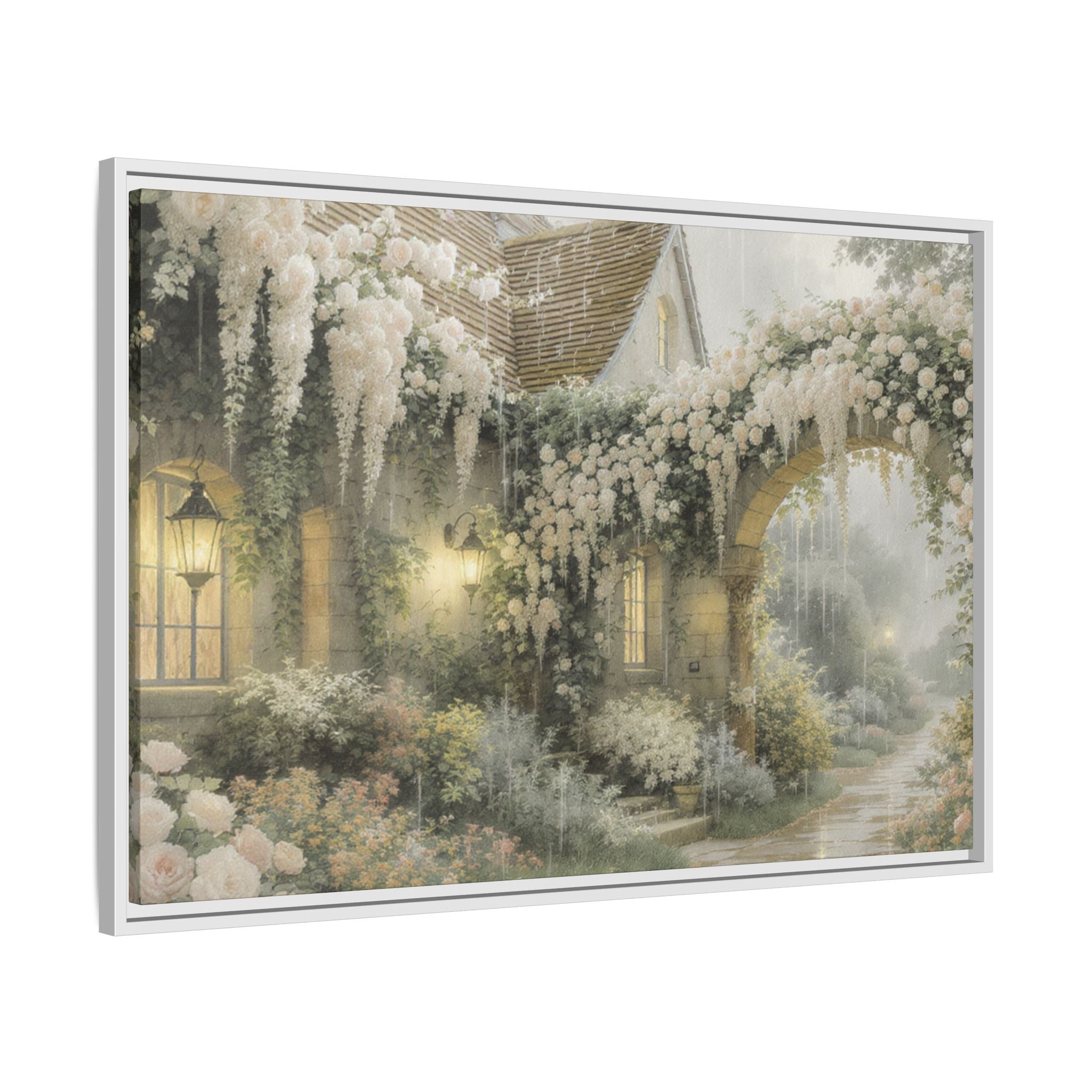 Framed Matte Canvas Print – Cottage Garden Pathway in Soft Floral Hues