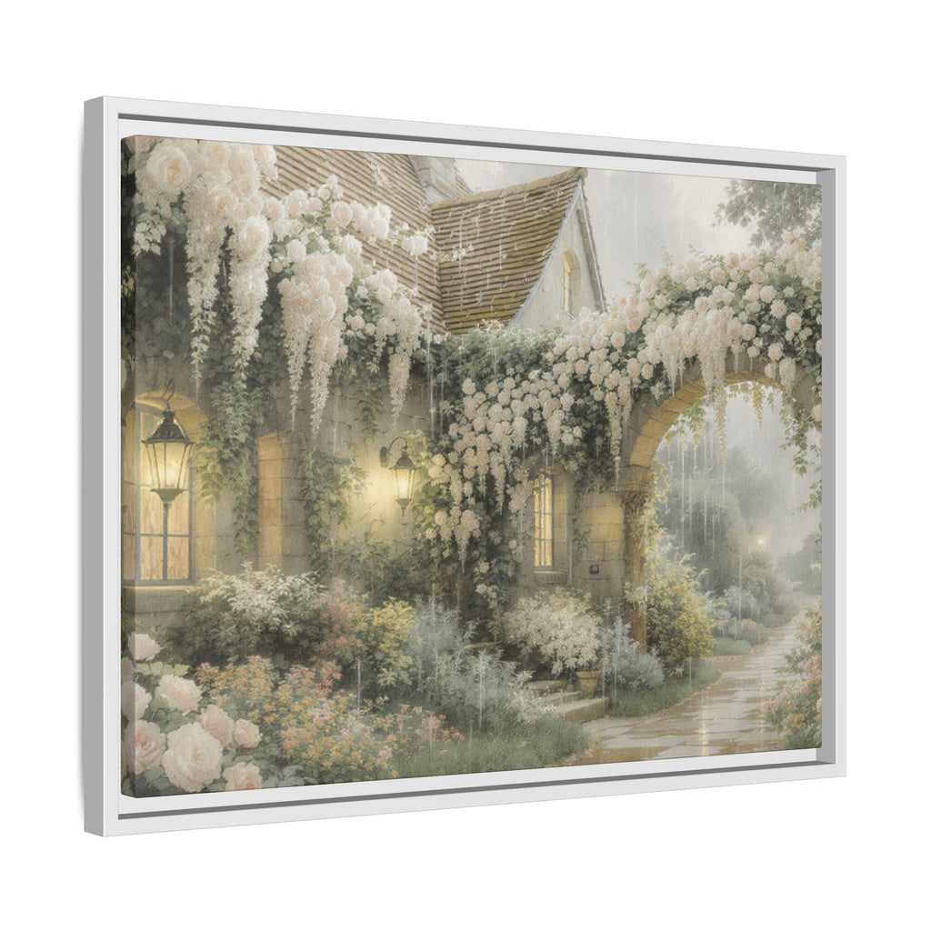 Framed Matte Canvas Print – Cottage Garden Pathway in Soft Floral Hues
