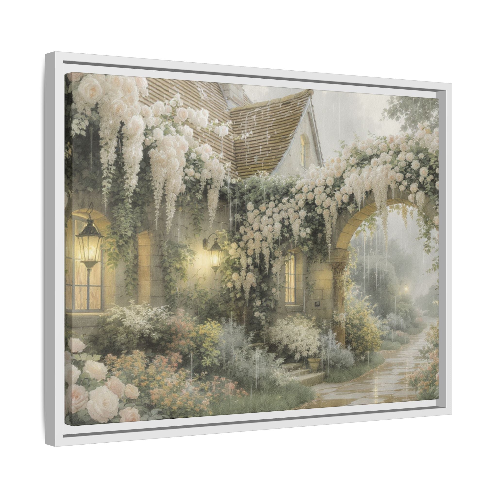 Framed Matte Canvas Print – Cottage Garden Pathway in Soft Floral Hues