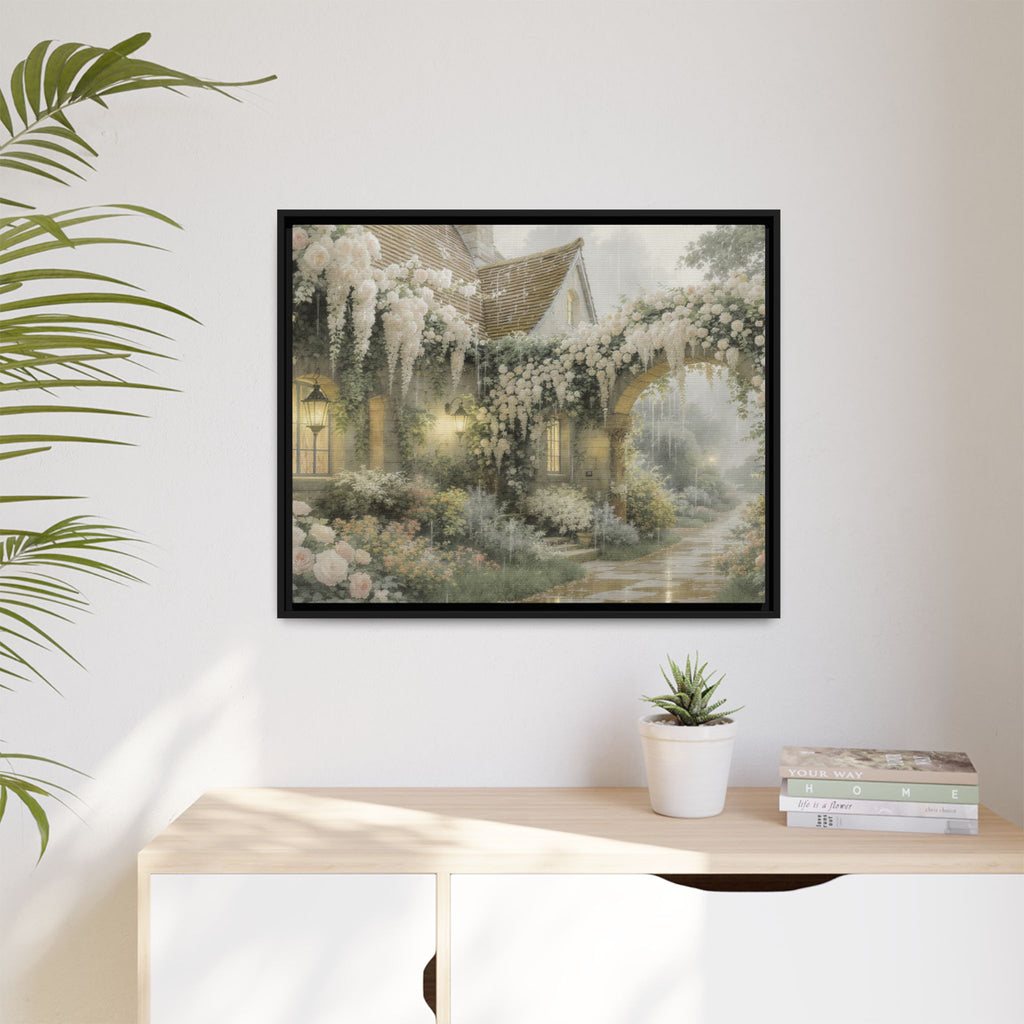 Framed Matte Canvas Print – Cottage Garden Pathway in Soft Floral Hues