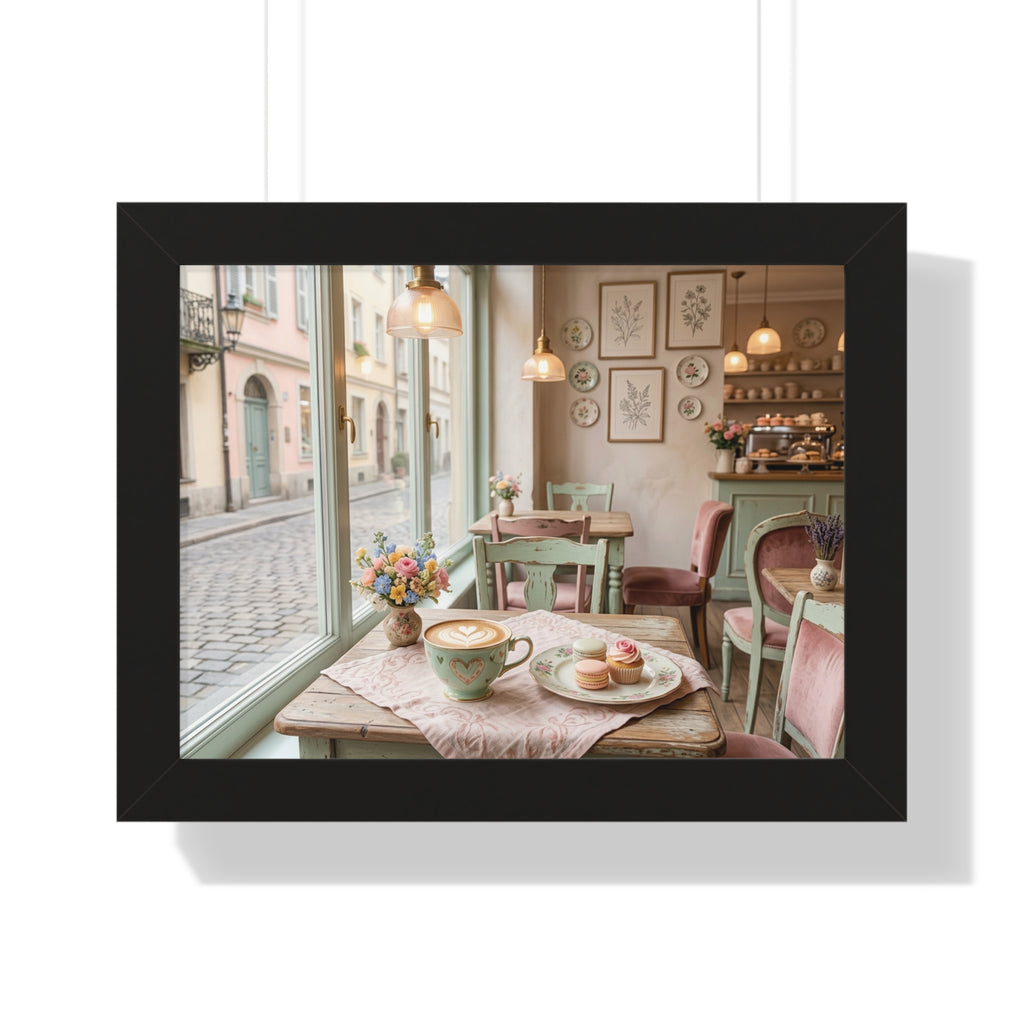 “Afternoon Café Stillness” Framed Poster: Cozy Pastel Café Wall Art | Hygge Coffee Shop Interior Print | Soft Luxury Home Decor